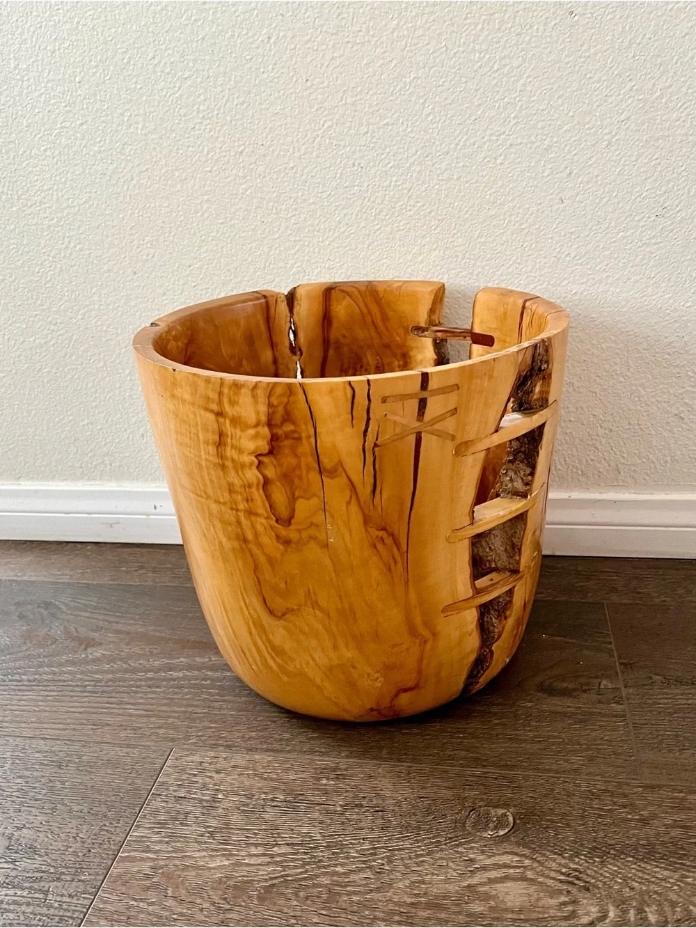 Hand-Carved Natural Wood Accent Planter - Honey Brown
